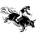 cowboy man riding a bull at a rodeo bull riding black and white silhouette Royalty Free Stock Photo