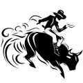 cowboy man riding a bull at a rodeo bull riding black and white silhouette Royalty Free Stock Photo