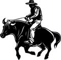 cowboy man riding a bull at a rodeo bull riding black and white silhouette Royalty Free Stock Photo