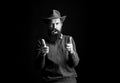 Cowboy man shouting with hand pistol gun pistogesture. Cowboy man in cowboy hat. Wild west guns, finger revolver Royalty Free Stock Photo