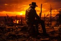 Cowboy man in wild west desert sunset. Silhouette on horsebackat evening. Generative AI Royalty Free Stock Photo