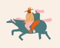 Cowboy men and women riding horse together, romantic couple horse walk in vector.