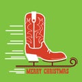 Cowboy Merry Christmas card .Cowboy ice skate boot illustration