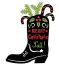 Cowboy Merry Christmas. Vector printable illustration with Cowboy Country boot silhouette and holiday text isolated on white Royalty Free Stock Photo