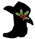 Cowboy Merry Christmas. Vector printable illustration with Cowboy Country boot silhouette and Western hat and holly berry Royalty Free Stock Photo