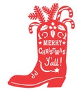 Cowboy Merry Christmas. Vector printable red illustration with Cowboy Country boot silhouette and holiday text isolated on white Royalty Free Stock Photo