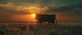 Cowboy Movie Set with Horse-Drawn Wagon in Old West at Sunset. Concept Old West, Cowboy Movie Set,