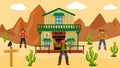 Cowboy near salon is attacking masked criminal, old city America in wild west, vintage tree house, cartoon vector Royalty Free Stock Photo