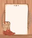 Cowboy paper background for text. Vector western illustration with cowboy boots and rodeo lasso on wood texture