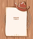 Cowboy paper background for text. Vector western illustration with cowboy hat and lasso on wood texture