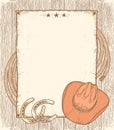 Cowboy paper background. Vector hand drawn color illustration with cowboy hat, lasso and horseshoes on vintage wood texture Royalty Free Stock Photo