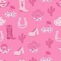 Cowboy party. Disco ball and shoes. Lucky. Seamless pattern. Y2K pink core. Vector Royalty Free Stock Photo