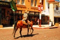 A cowboy is on patrol at the Fort Worth Stockyards, Texas