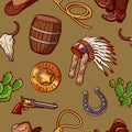 Cowboy pattern. Wild West background with boots and hats. Hand drawn retro western shoes. Lasso rope. Sheriff star