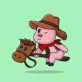 Cowboy pig mascot riding a toy horse Royalty Free Stock Photo