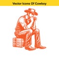 Cowboy Playing Harmonica or Banjo â Western Line Art Vector Royalty Free Stock Photo