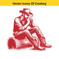 Cowboy Playing Harmonica or Banjo â Western Line Art Vector Royalty Free Stock Photo