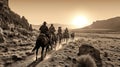 Cowboy Posse Riding Through Desert At Sunrise