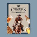 Cowboy poster design with man, horse, beer watercolor illustration