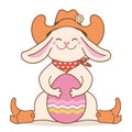 Cowboy rabbit and easter egg. Cute bunny in cowboy western hat and boots hold easter egg. Vector color illustration for card