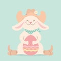 Cowboy rabbit and easter egg. Cute bunny in cowboy western hat and boots hold easter egg. Vector tender color illustration for