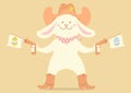 Cowboy rabbit and easter eggs. Cute bunny in cowboy hat and western boots hold guns. Vector tender color illustration for greeting