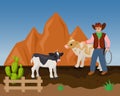 Cowboy on ranch vector illustration of wild west hand drawn. Young man in cowboy hat, with lasso, next to cow and calf.