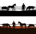 Cowboy rancher and grazing horse herd vector silhouette outline