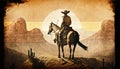 Cowboy relaxing at Wild West Sunset Vintage style . Royalty Free Stock Photo