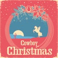 Cowboy retro Christmas card with cowboy lasso and holiday decoration