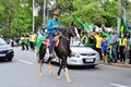 A cowboy rides his horse with the Brazilian flag at the demonstration against the result of the presidential election Royalty Free Stock Photo