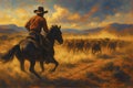 Cowboy Riding Behind Herd Through Dust Cloud Royalty Free Stock Photo
