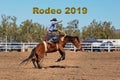 Rodeo 2019 Text - Cowboy Riding A Bucking Bronc Horse At A Country Rodeo Royalty Free Stock Photo