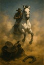 Cowboy Riding Galloping Horse Through Dust Royalty Free Stock Photo