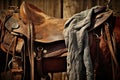 Cowboy riding gear, featuring a weathered saddle, lariat, and leather chaps