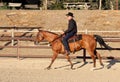 A cowboy riding his horse in an arena.