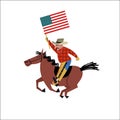 Cowboy riding a horse with an American flag in his hand. Vector illustration Royalty Free Stock Photo