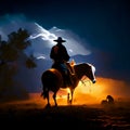 Cowboy riding a horse in the desert at night. 3D rendering generative AI Royalty Free Stock Photo