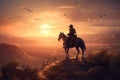 Cowboy riding a horse in the desert at sunset. 3d rendering generative ai Royalty Free Stock Photo