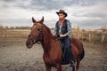 Cowboy riding a horse in desert valley, western Royalty Free Stock Photo