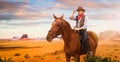 Cowboy riding a horse in desert valley, western