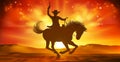 Cowboy Riding Horse Silhouette Sunset Background Royalty Free Stock Photo