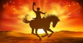 Cowboy Riding Horse Silhouette Sunset Background Royalty Free Stock Photo