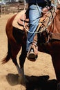 Cowboy riding a horse with the stirrup in front. Royalty Free Stock Photo