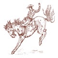 Cowboy riding a horse. Western rodeo icon, Texas Ranger, Sheriff in hat. Wild West, Country style. Vintage Engraved hand Royalty Free Stock Photo