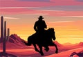 Cowboy Riding horse in Wild West Desert vector. Royalty Free Stock Photo