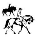 Cowboy riding horse black and white vector outline and silhouette Royalty Free Stock Photo