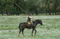 Cowboy riding and looking at his cell phone on a field in Andalusia, Spain