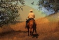 A cowboy riding his horse on a mountain trail with oak trees.