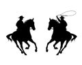 Cowboy riding running horse and throwing lasso black vector silhouette set Royalty Free Stock Photo